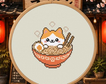 Ramen Cat Cross Stitch Pattern PDF - Cute Japanese Food Cat Digital Download