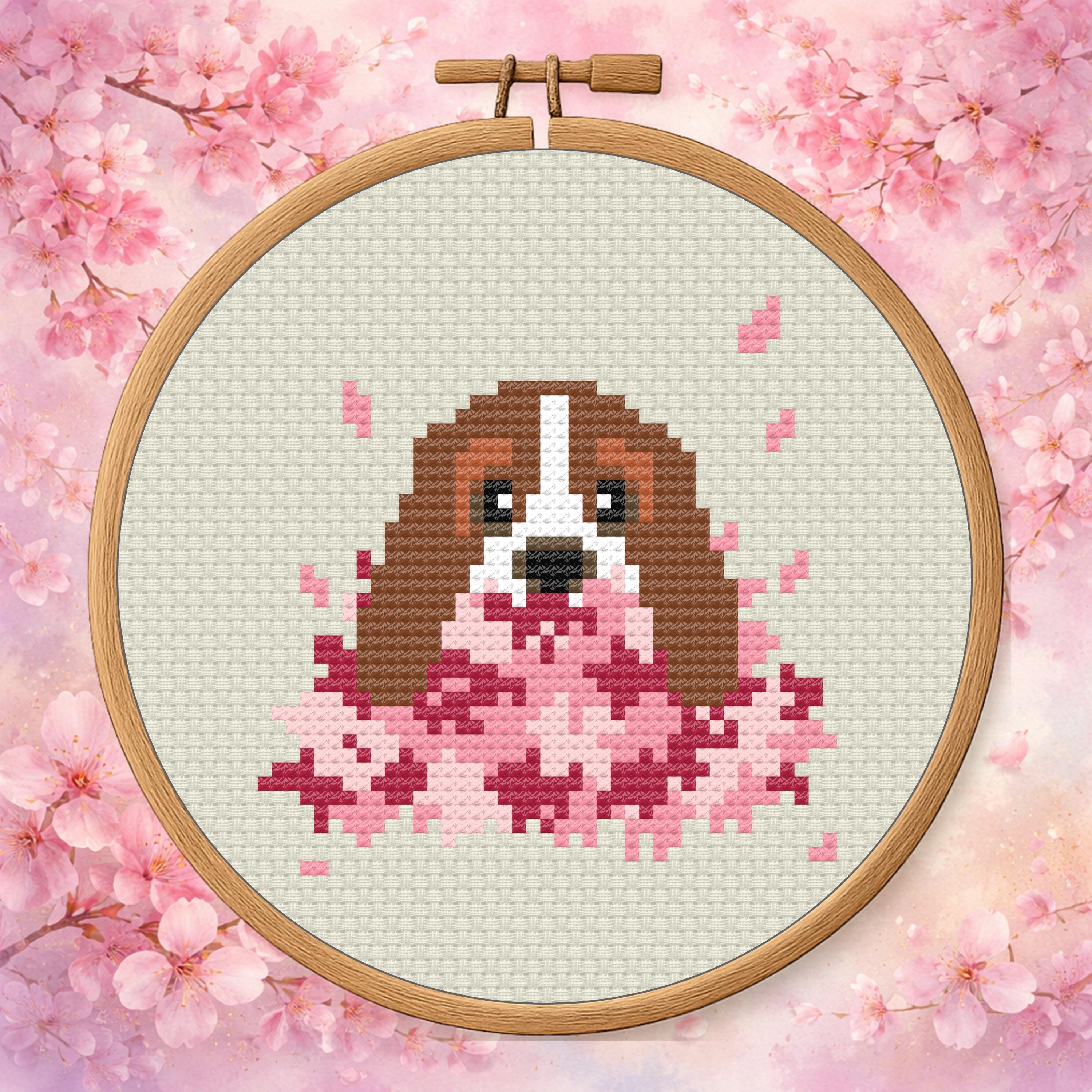 Basset in a Sakura Pile – Cherry Blossom Dog Cross Stitch Pattern PDF cross-stitch pattern preview