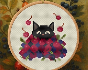 Cat in Berry Pile Cross Stitch Pattern: Cottagecore Black Cat (Digital Download)