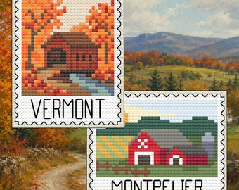 Vermont Cross Stitch Pattern Bundle: Vermont Covered Bridge Autumn Stamp + Montpelier Farm Landscape Set (PDF Download)
