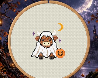 Ghost Costume Highland Cow Counted Cross Stitch PDF Pattern, Halloween Digital Download