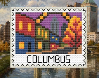 Columbus Stamp - Ohio Autumn Cityscape Cross Stitch Pattern PDF – Digital Download