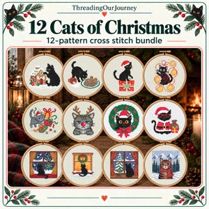 12 Cats of Christmas Cross Stitch Pattern Bundle – Festive Holiday Cat Collection PDF – Digital Download