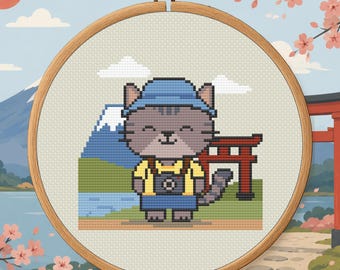 Japan Cat Cross Stitch Pattern PDF - Kawaii Travel Cat Digital Download