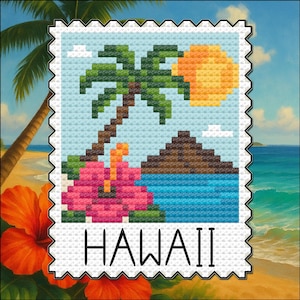 Padrão de ponto cruz havaiano: pôr do sol na ilha e hibisco (download em PDF, compatível com Pattern Keeper)