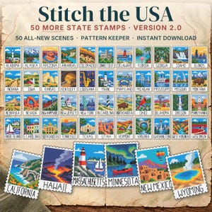 May include: A digital cross-stitch pattern collection titled Stitch the USA 50 More State Stamps Version 2.0. The image displays 56 individual postage stamp-style designs, each featuring a pixelated illustration representing a U.S. state.