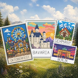 Peut inclure: Quatre motifs de point de croix représentant des monuments allemands. L'un montre une grande roue étiquetée OKTOBERFEST, un autre un château étiqueté BAVARIA, un troisième une maison étiquetée GERMANY et le quatrième la porte de Brandebourg étiquetée BERLIN.