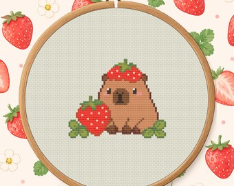 Strawberry Capybara Cross Stitch Pattern PDF - Cute Food Animal Mini Digital Download
