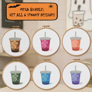 May include: Six cross-stitch embroidery hoops featuring pixelated bubble tea designs with ghost patterns. Each drink is a different color: brown, pink, orange, green, blue, and purple. The text "MEGA BUNDLE: GET ALL 6 SPOOKY DESIGNS!" is displayed above the hoops.