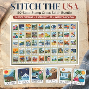 50 State Postage Stamp Cross Stitch Pattern Bundle: Stitch the USA! (PDF Instant Digital Download)