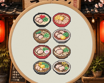 Ramen Tour of Japan Cross Stitch Pattern PDF - 8 Japanese Food Designs Digital Download