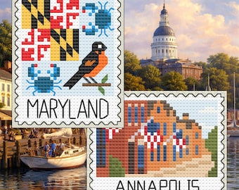 May include: Two cross-stitch designs resembling postage stamps. One features the Maryland flag, crabs, and a bird, with the word "MARYLAND." The other shows a building with the word "ANNAPOLIS."