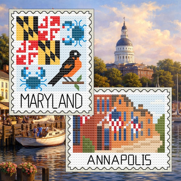 Maryland Cross Stitch Bundle: Blue Crab & Flag Stamp + Annapolis Flag Stamp (PDF Download)