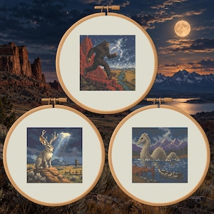 Wyoming Cryptids Cross Stitch Bundle, Chugwater Wild Man, Jackalope, Lake DeSmet, 3 PDF Patterns