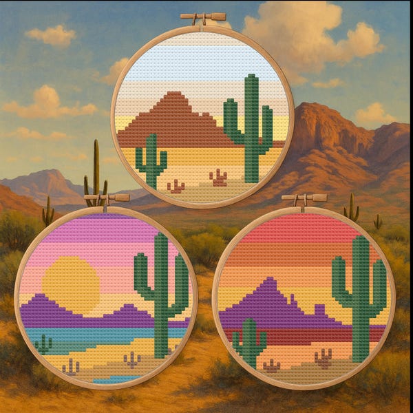 Mini Desert Trio – 3 Patterns – Arizona Landscape – Cross Stitch Pattern Bundle PDF – Digital Download