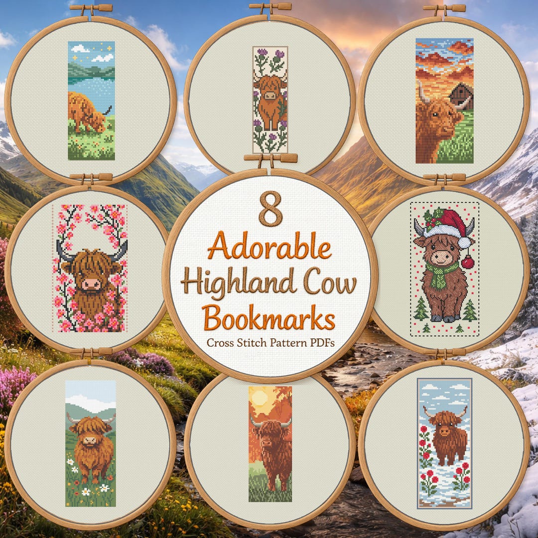 Scottish Highland Cow Bookmark Bundle – 8 Cross Stitch Bookmark ...