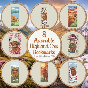 Scottish Highland Kuh Lesezeichen Bundle - 8 Kreuzstich Lesezeichen Muster PDF - Digital Download