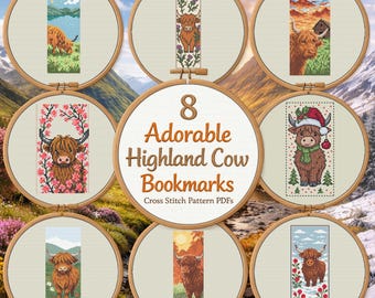Scottish Highland Cow Bookmark Bundle – 8 Cross Stitch Bookmark Patterns PDF – Digital Download