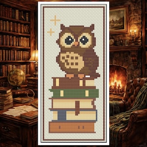 Puede incluir: Patrón de punto de cruz de un búho marrón con ojos grandes posado sobre una pila de libros. El búho es en tonos marrones y beige, con dos estrellas doradas encima de su cabeza. Los libros son en tonos marrones, verdes y azules.