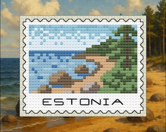 May include: A cross-stitch design of an Estonian coastal landscape, resembling a postage stamp. The image features a blue sea, rocky shoreline, and green trees under a cloudy sky. The word "ESTONIA" is displayed in bold, black letters.