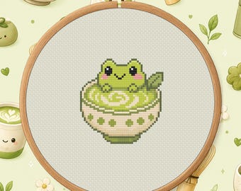 Matcha Frog Cross Stitch Pattern PDF - Cute Food Animal Mini Digital Download