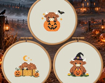 Pumpkin Patch Highland Cow Trio Counted Cross Stitch PDF Bundle, 3 Halloween Cow Patterns