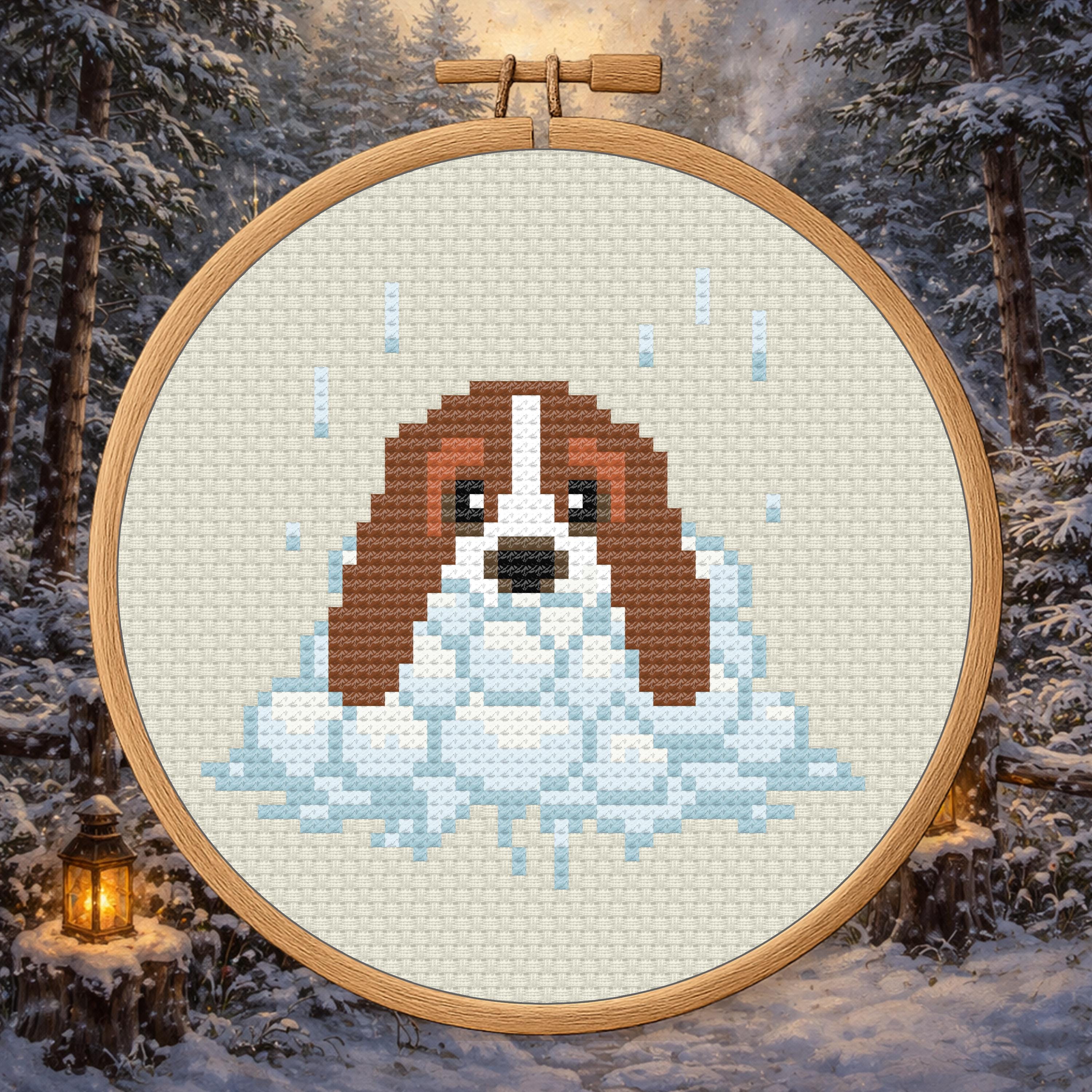 Basset in Snowballs – Winter Dog Cross Stitch Pattern PDF cross-stitch pattern preview