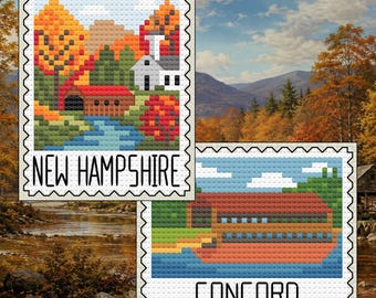 New Hampshire Cross Stitch Pattern Bundle: New Hampshire Covered Bridge Stamp + Concord Covered Bridge Set (PDF Download)