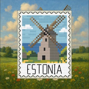 May include: A cross-stitch design of an Estonian windmill on a postage stamp. The windmill is gray with brown blades, set against a blue sky and sea. The word "ESTONIA" is printed below the image.