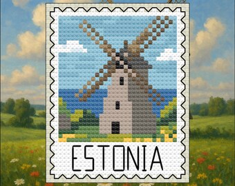 May include: A cross-stitch design of an Estonian windmill on a postage stamp. The windmill is gray with brown blades, set against a blue sky and sea. The word "ESTONIA" is printed below the image.