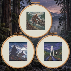California Cryptids Cross Stitch Bundle, Bigfoot, Dark Watchers, Fresno Nightcrawler, 3 PDF Patterns