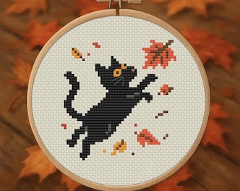 Cat Jumping in Leaves  – Autumn Cat Cross Stitch Pattern PDF – Digital Download