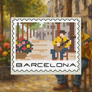 Puede incluir: Un diseño de punto de cruz de una escena callejera en Barcelona, España, representado en un sello postal. El sello presenta a una persona tocando la guitarra, una maceta y la palabra "BARCELONA". El fondo es una pintura impresionista.