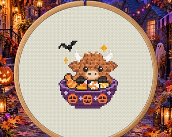 Candy Bowl Highland Cow Counted Cross Stitch PDF Pattern, Halloween Digital Download