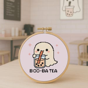 Boo-Ba Tea – Bubble Tea & Ghost – Halloween Cross Stitch Pattern PDF – Digital Download