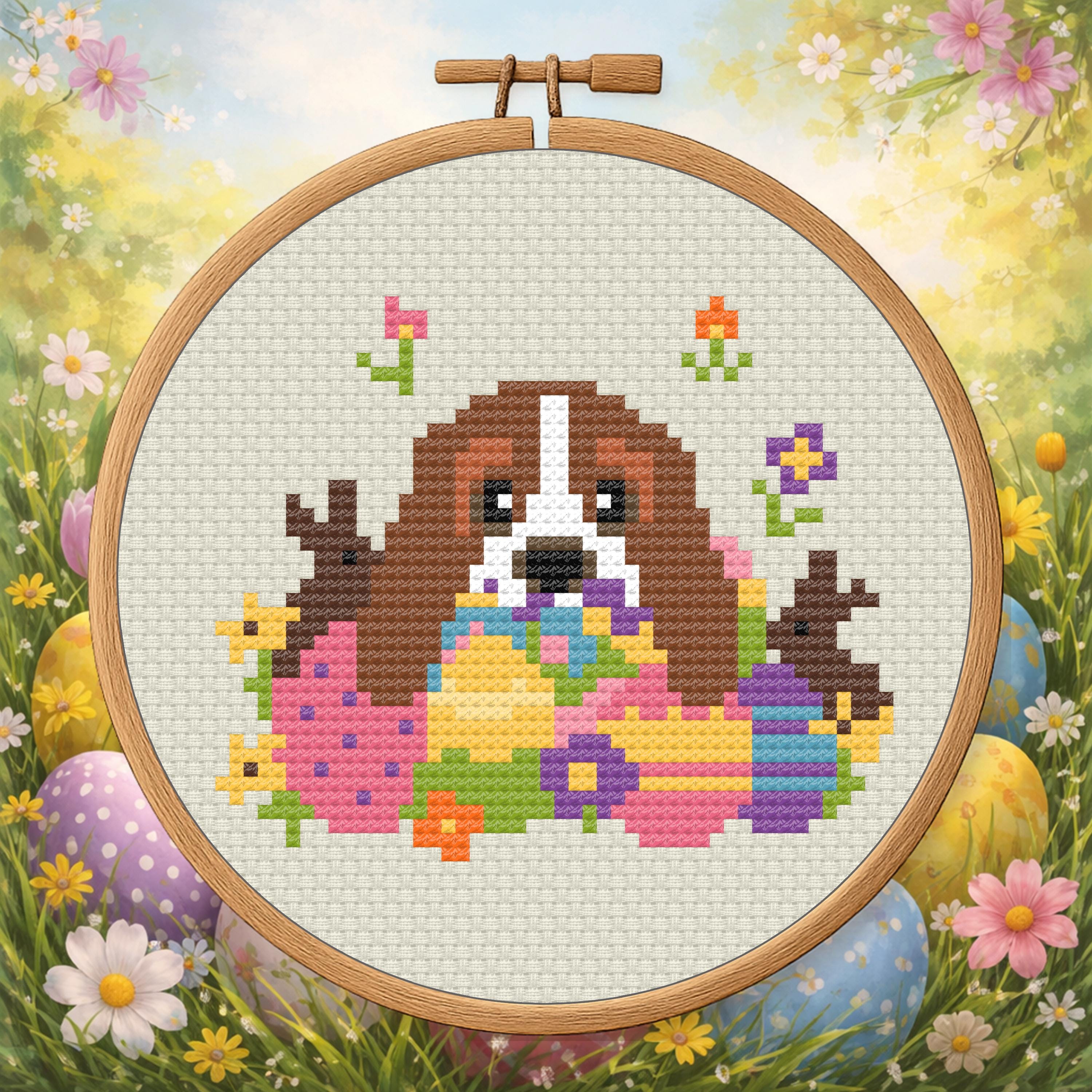 Basset in an Easter Pile – Spring Dog Cross Stitch Pattern PDF cross-stitch pattern preview