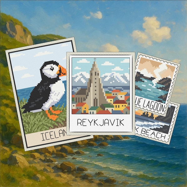 Könnte beinhalten: Eine Sammlung von Postkarten im Pixel-Art-Stil mit Island-Motiven. Eine zeigt einen Papageientaucher mit dem Text ICELAND, eine andere eine Kirche in REYKJAVIK, und zwei kleinere Karten zeigen die BLUE LAGOON und einen Strand mit dem Text BLACK BEACH.