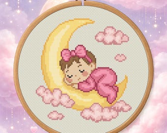 Patrón de punto de cruz de niña durmiendo bajo la luna – Diseño de ensueño para habitación infantil en tonos rosas (Descarga digital)