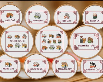 Sushi Cats Cross Stitch Pattern Bundle: Japan Food Art (Digital Download)
