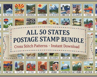 50 State Postage Stamp Cross Stitch Pattern Bundle: Stitch the USA! (PDF Instant Digital Download)