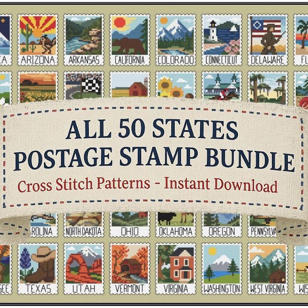 50 State Postage Stamp Cross Stitch Pattern Bundle: Stitch the USA! (PDF Instant Digital Download)