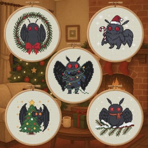 Weihnachts-Mothman-Bundle – 5 kryptide Weihnachts-Kreuzstichmuster (PDF) – Digitaler Download