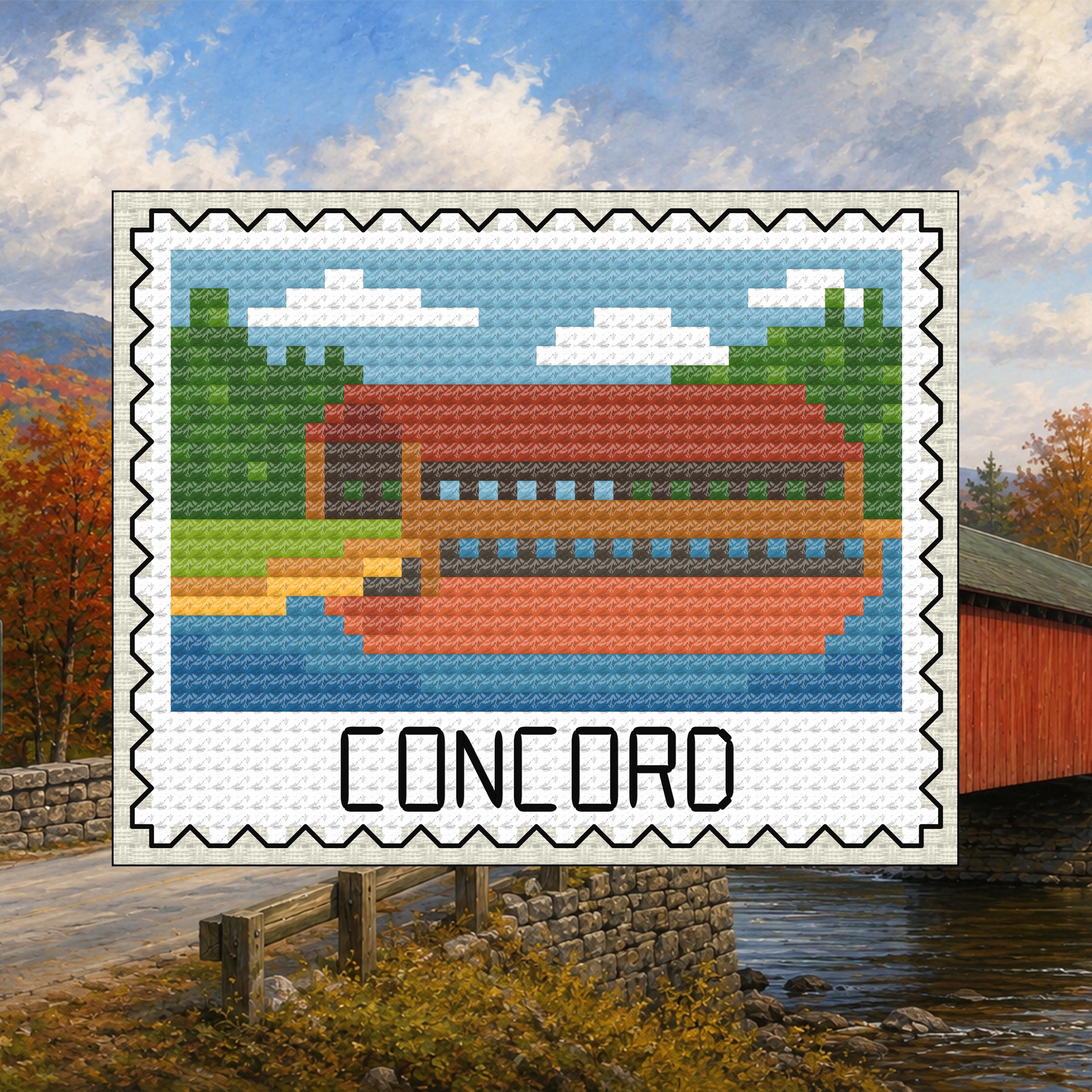 Concord Stamp - New Hampshire Covered Bridge Cross Stitch Pattern PDF cross-stitch pattern preview