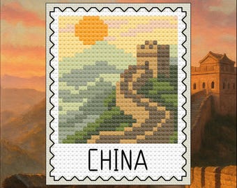 May include: A cross-stitch design of the Great Wall of China, featuring a yellow sun, green mountains, and a tan wall. The word "CHINA" is stitched in white at the bottom of the design. The image is set against a sunset background.