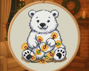 Holiday Bear Tangle – Christmas Lights Bear Cross Stitch PDF – Digital Download