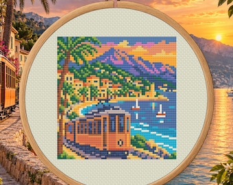 Port de Sóller Mallorca Counted Cross Stitch PDF | Spain Travel Pattern