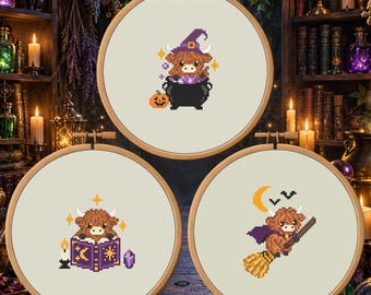 Witchy Magic Highland Cow Trio Counted Cross Stitch PDF Bundle, 3 Halloween Cow Patterns