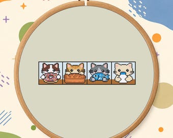 Hungry Cats Cross Stitch Pattern PDF - Cute Cat Design Digital Download