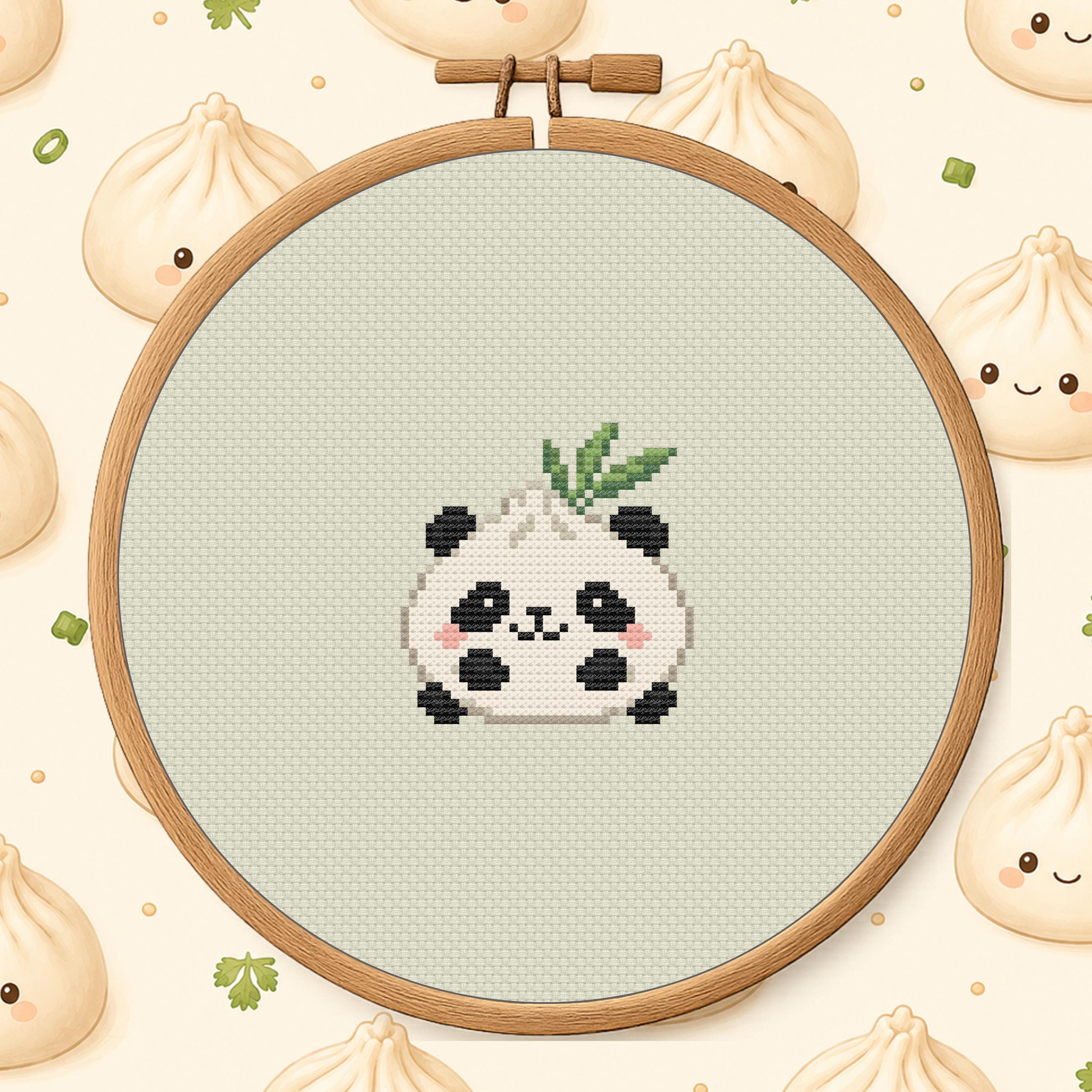 Dumpling Panda Cross Stitch Pattern PDF - Cute Food Animal Mini cross-stitch pattern preview
