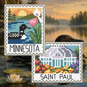 May include: Two cross-stitch designs resembling postage stamps. One features a loon on a lake with a sunset, the word "MINNESOTA" below. The other shows a building with flowers and the text "SAINT PAUL".
